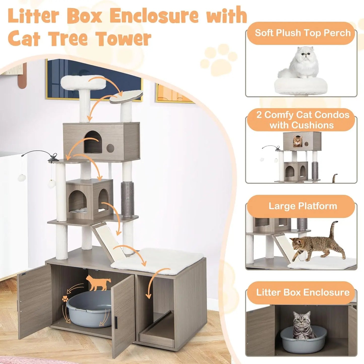 Cat Tree & Litter Box Enclosure – Tower with Condos & Scratching Posts