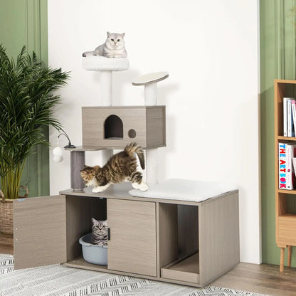 Cat Tree & Litter Box Enclosure – Tower with Condos & Scratching Posts