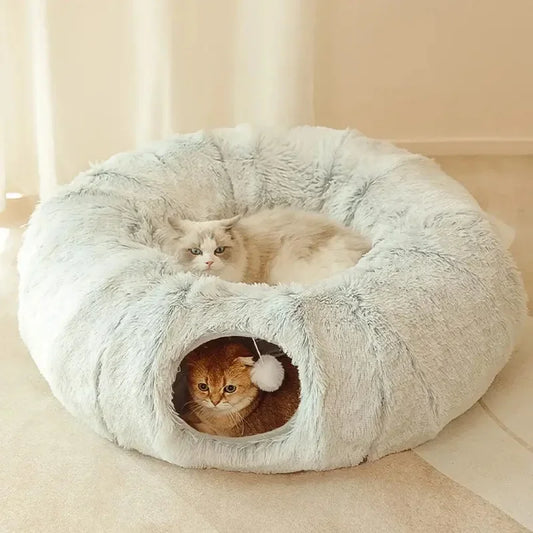 CozyTunnel Plush Cat Bed – Fluffy Donut Bed with Peek-a-Boo Tunnel