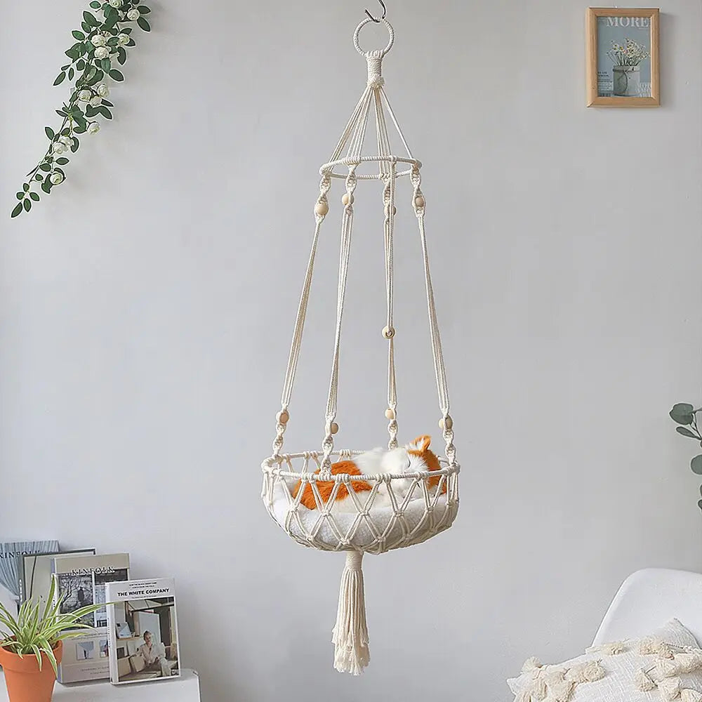 CozyPaws™ Handmade Woven Cat Hammock – Hanging Swing with Mesh Pocket