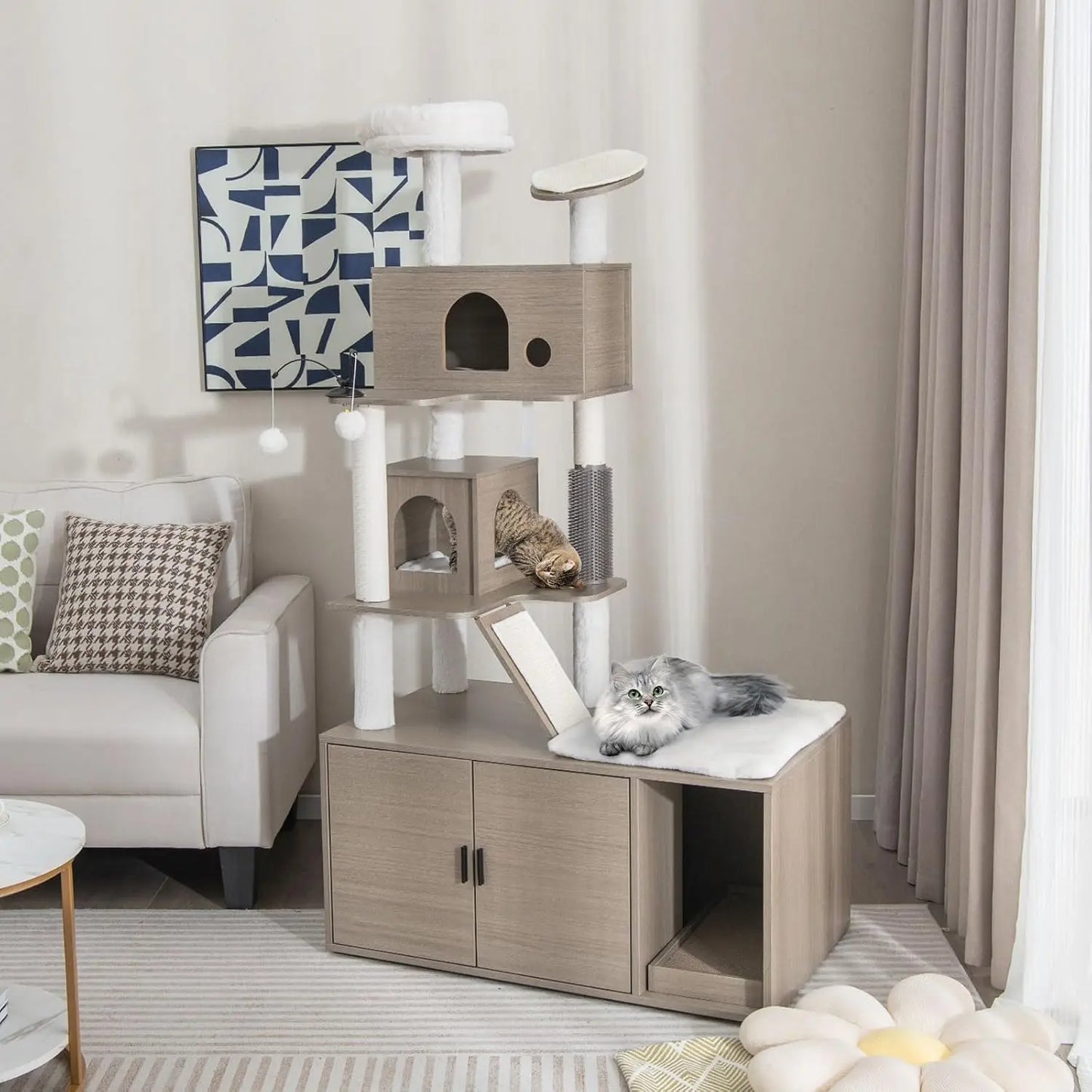 Cat Tree & Litter Box Enclosure – Tower with Condos & Scratching Posts