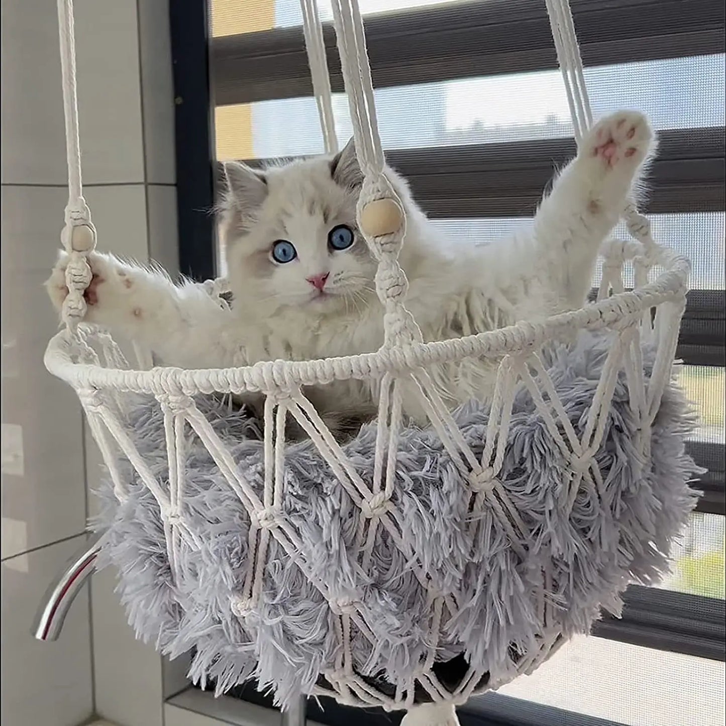 CozyPaws™ Handmade Woven Cat Hammock – Hanging Swing with Mesh Pocket