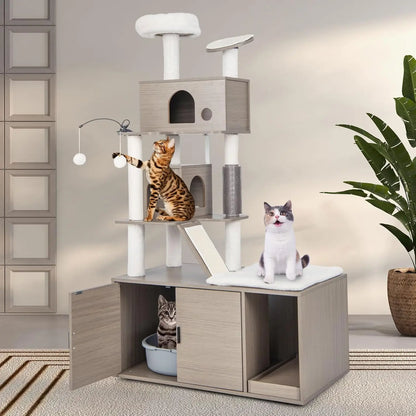 Cat Tree & Litter Box Enclosure – Tower with Condos & Scratching Posts