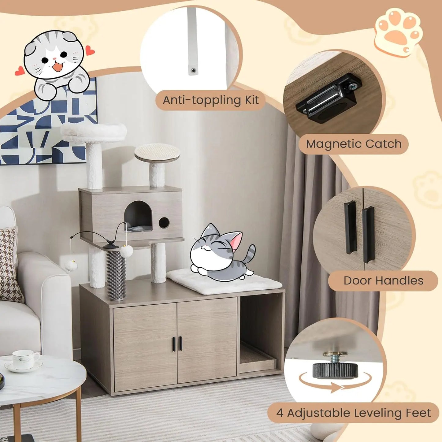 Cat Tree & Litter Box Enclosure – Tower with Condos & Scratching Posts