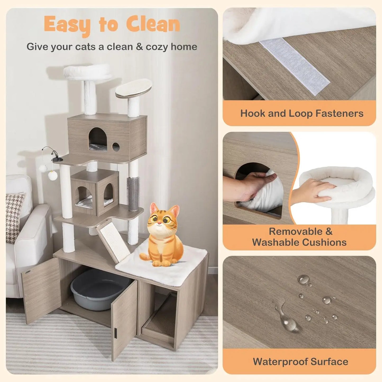 Cat Tree & Litter Box Enclosure – Tower with Condos & Scratching Posts